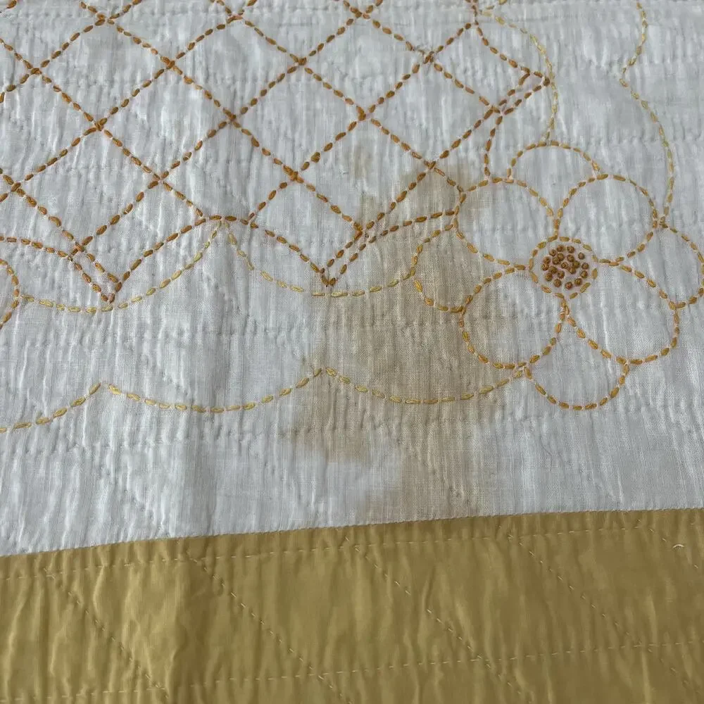 Handmade Hand Quilted Yellow Floral Embroidery Cotton Quilt Bedspread 75